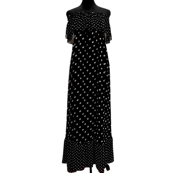 Moda International Dresses & Skirts - Moda International Black White Polka Dot Off Shoulder Ruffle Maxi Dress M